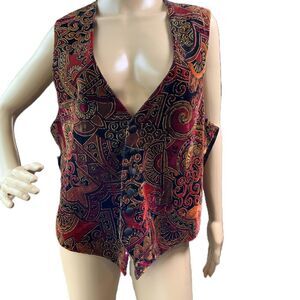 Lord West Multicolor Velour Embroidered Button Up Sleeveless Vest 90's Sz Large